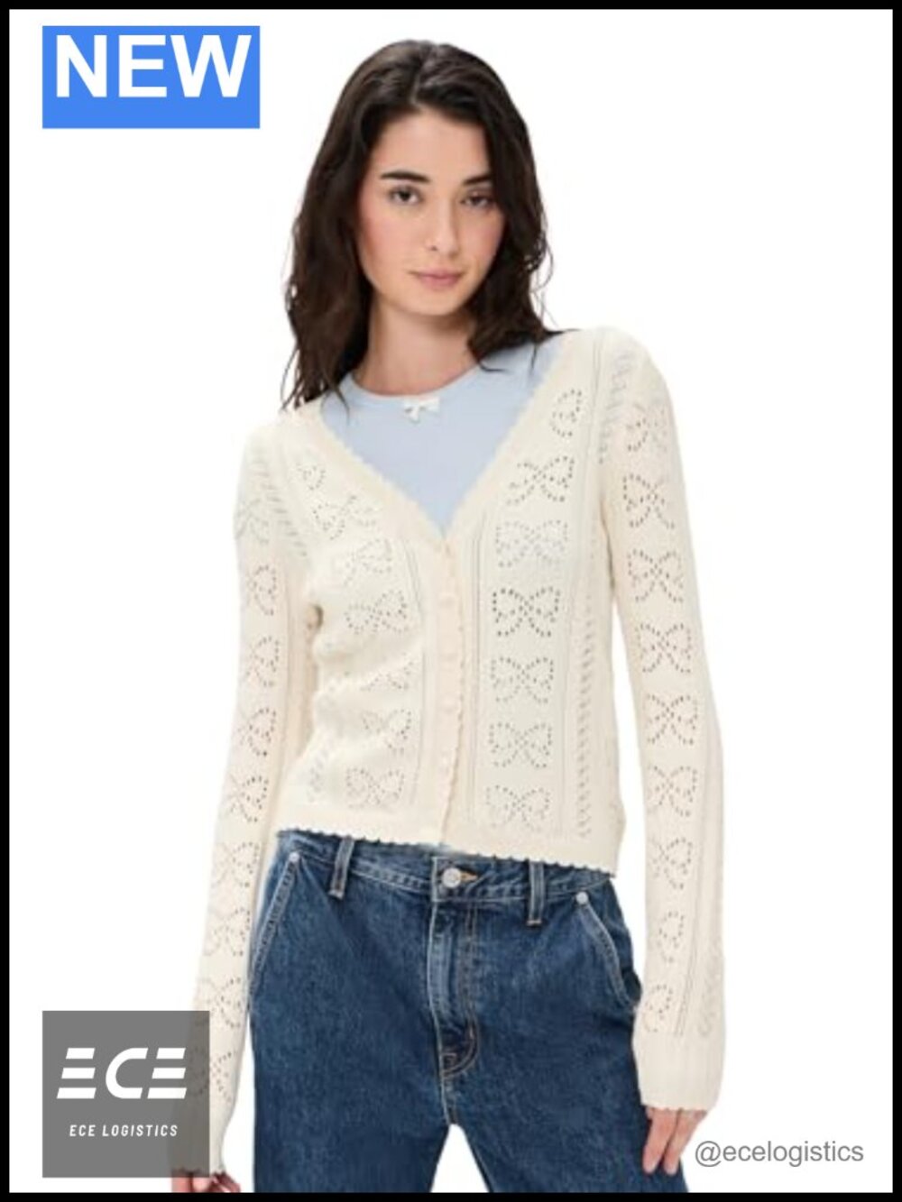 Lightweight Pointelle Knit Cardigan Scalloped Trim Button
